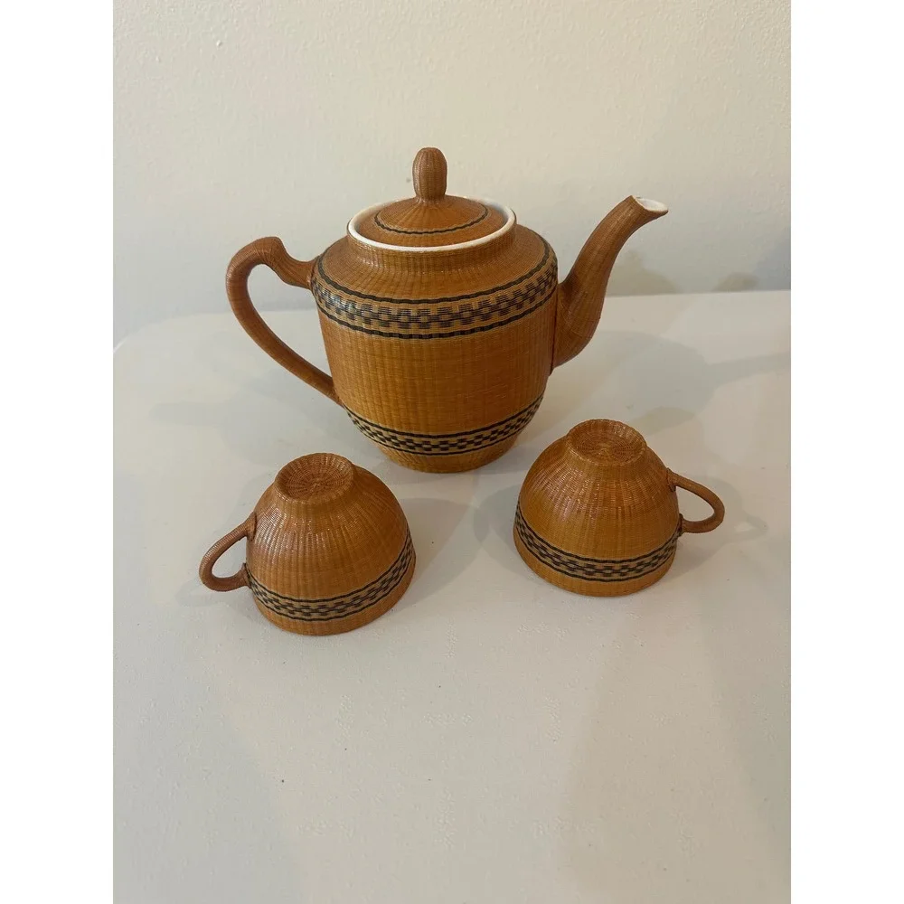 Vintage Woven Wicker Rattan Wrapped Ceramic Teapot and 2 Cups Tea Set Brown